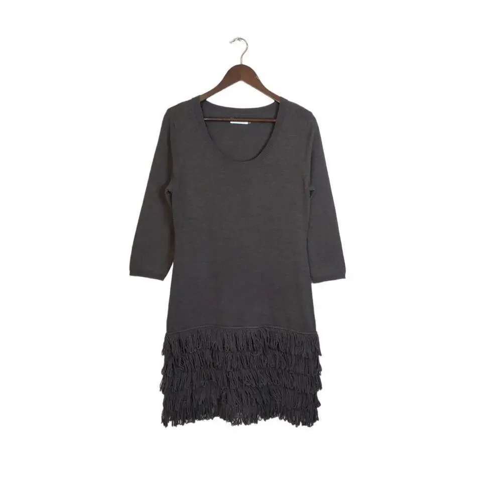 Calvin Klein Gray Charcoal Knit Sweater 3/4 Sleeve Tiered Fringed Hem Dress‎ L